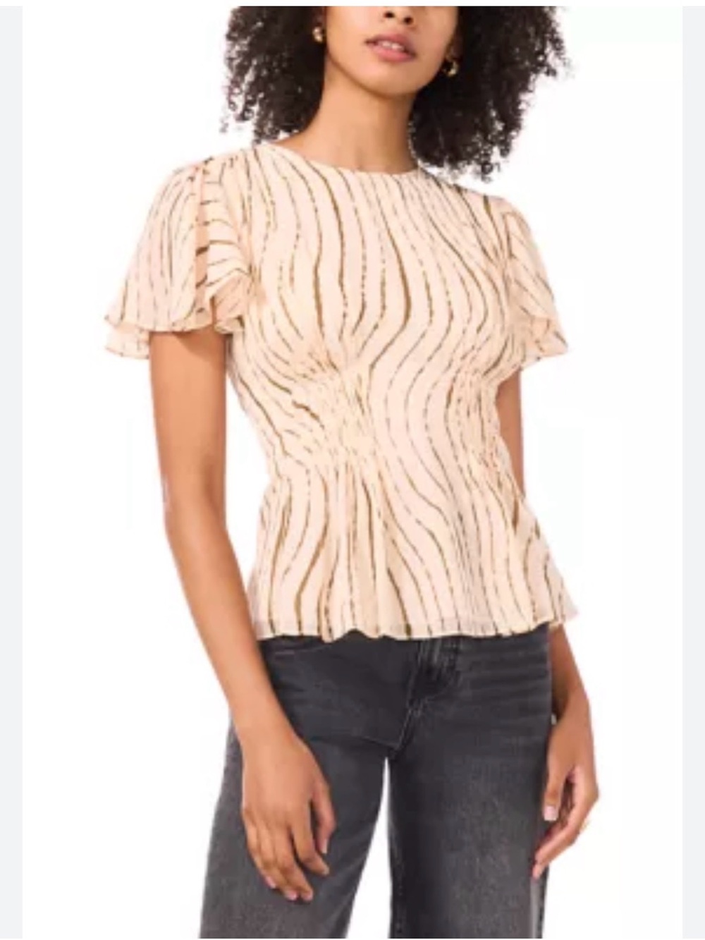 Parker Beige Flutter Sleeve Peplum Top with Metallic Stripe